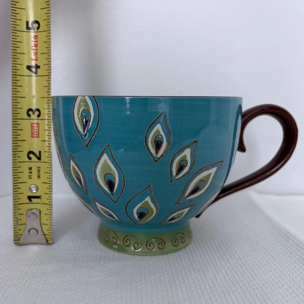 PIER 1 Dolomite Peacock Feather Hand Painted Mug Cup